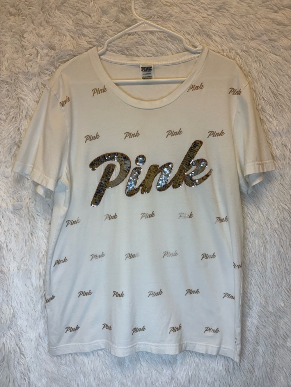 2 PINK Victoria's Secret Sequined White T-Shirts | Size Large 🩶 - Picture 11 of 17